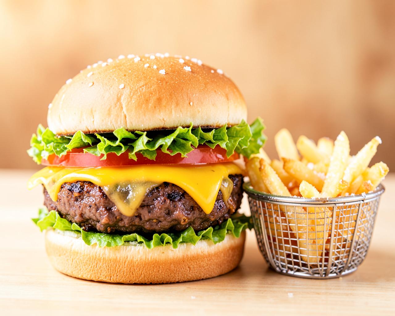 Square-patty cheeseburger with fries